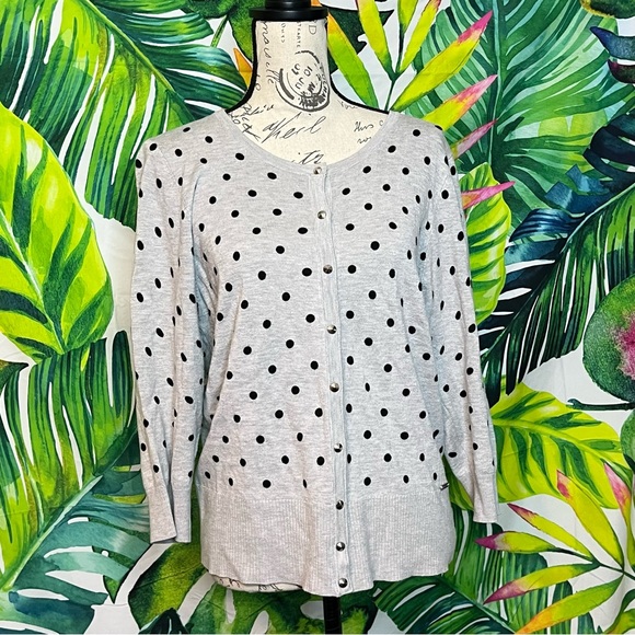T Tahari XL Grey Polka Dot Stud Snap Office Lightweight Fitted Preppy Cardigan - Picture 3 of 12